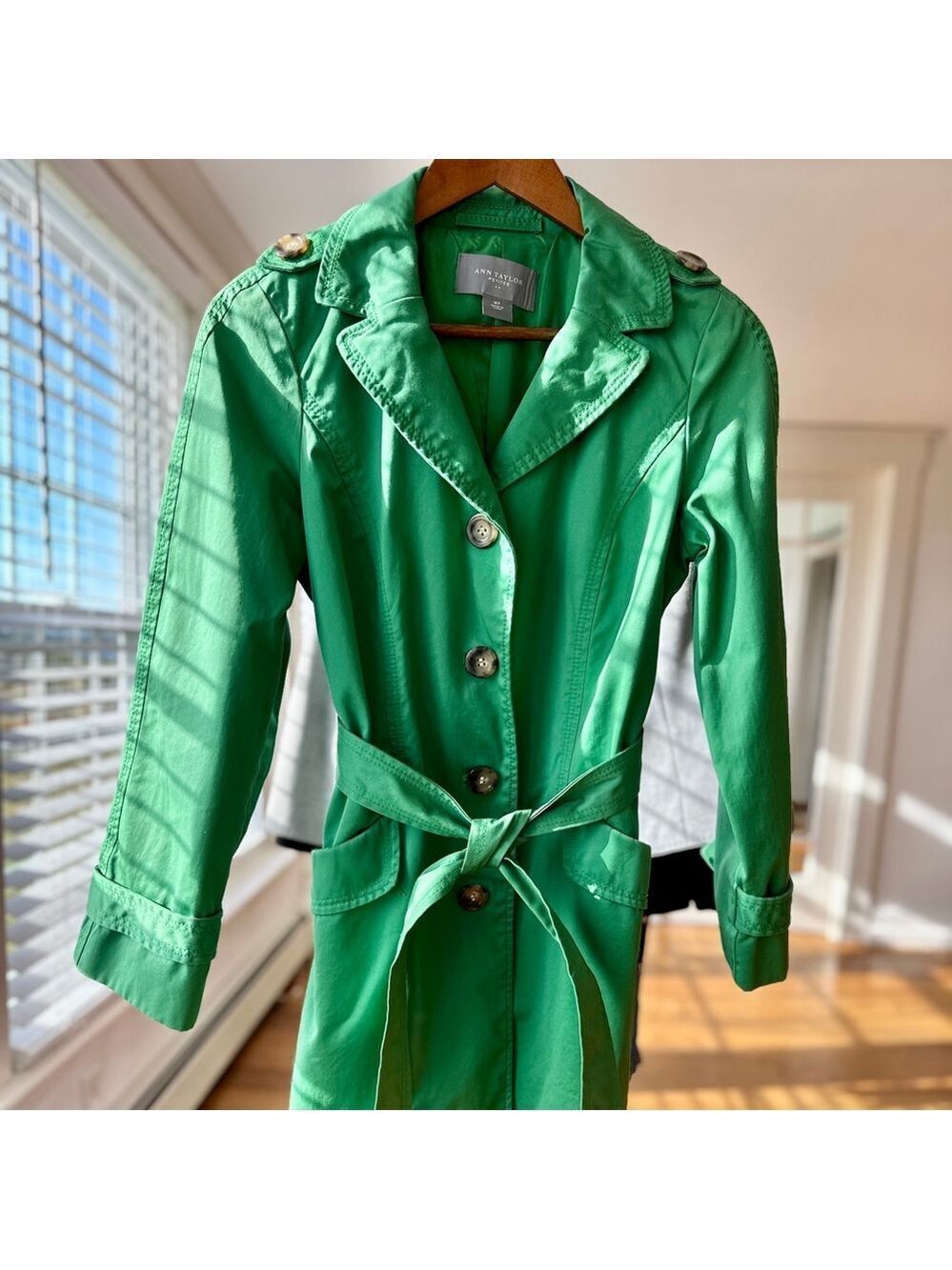 Ann Taylor Green Trench Coat, Single Breasted, Knee Length
